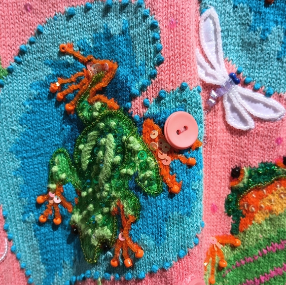 Design Options Philip & Jane Gordon Frog Lily Pad Dragonfly Sweater Cardigan XL - Picture 4 of 10